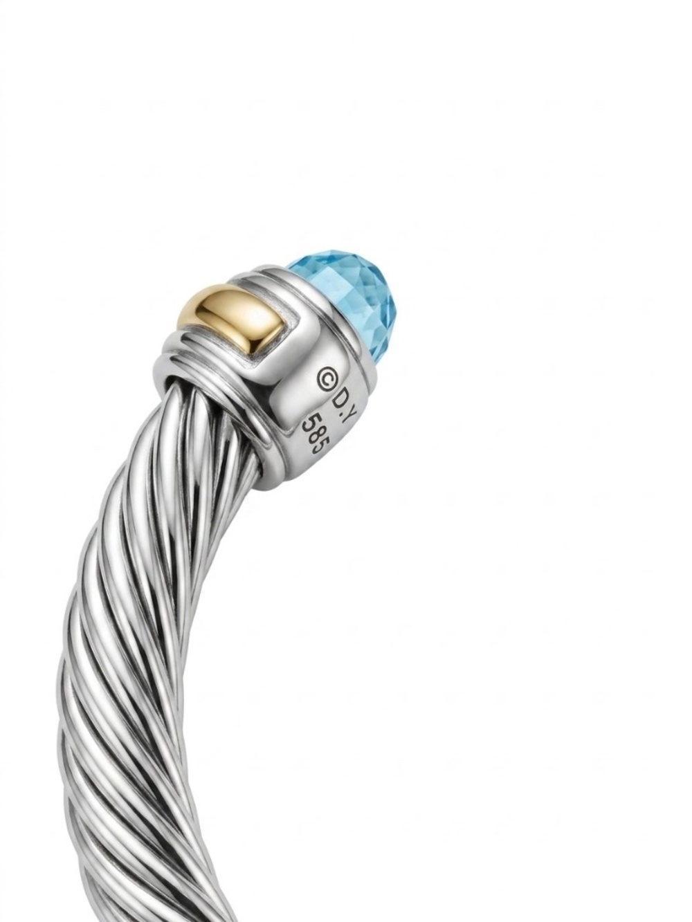 David Yurman 7mm Cable Classic Cuff Bracelet Sterling Silver 14K Gold Blue Topaz - Picture 4 of 6